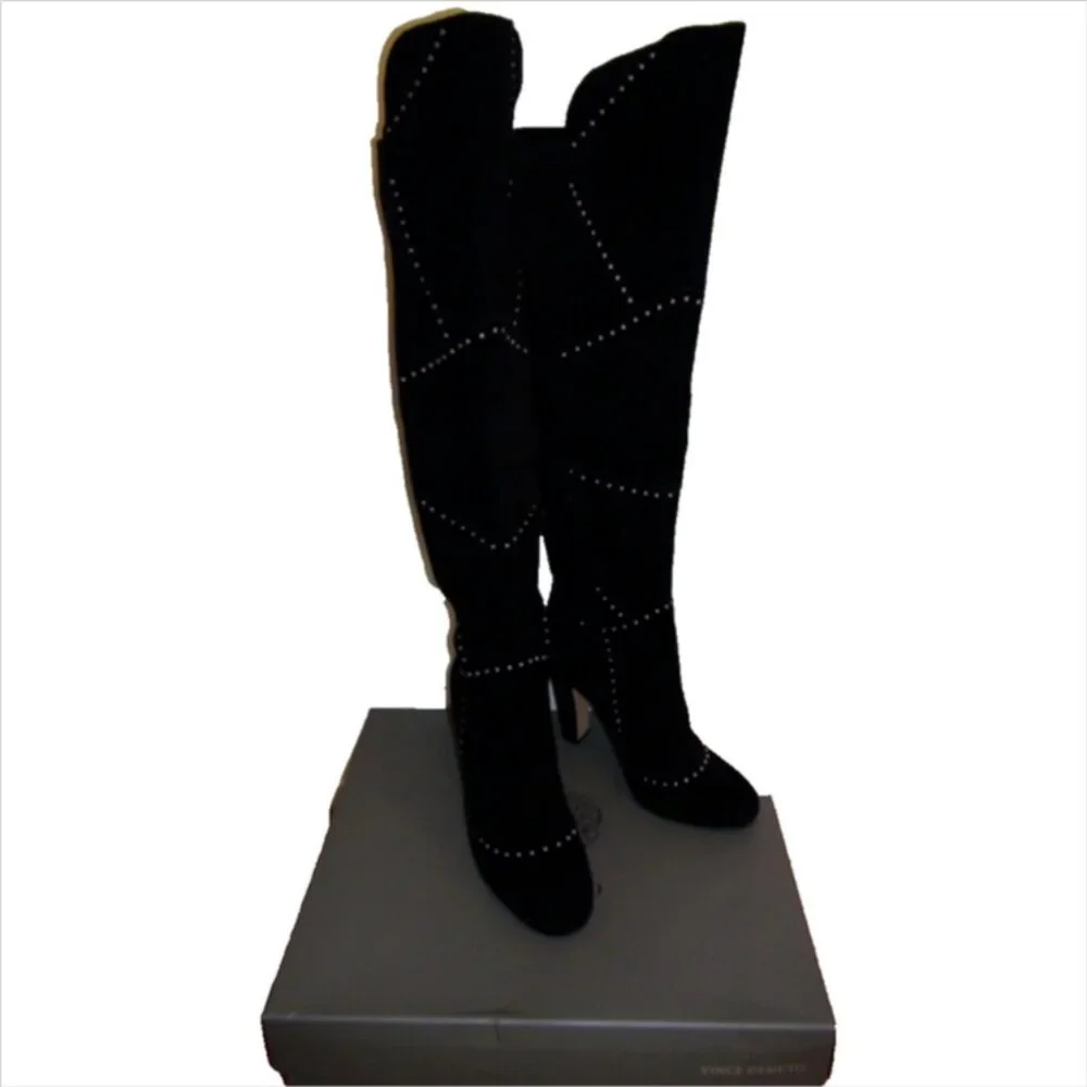 NWOB Vince Camuto VP Carlene Black Embellished Leather Suede Over The Knee Bo…
